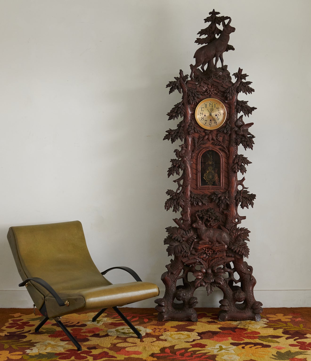 MAGNIFICENT BLACK FOREST CARVED WALNUT GRANDFATHER CLOCK
